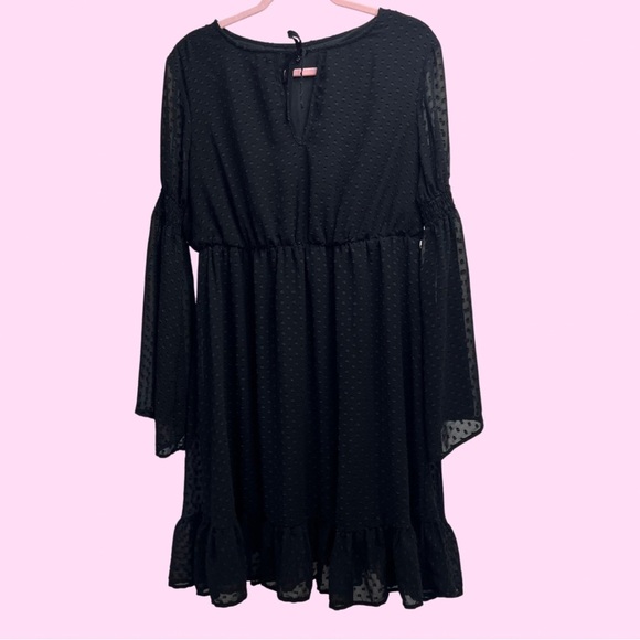 Torrid Black Dress Textured Stitch Chiffon Skater Dress Bell Sleeve Stretch Tie - Picture 3 of 7